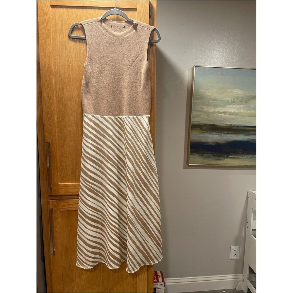 Anne Taylor Sleeveless Midi Dress Striped Knit Satin Skirt Crew Neck Womens